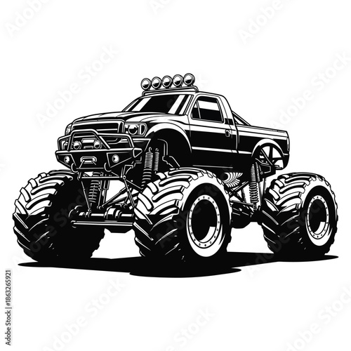 A striking black and white illustration of a powerful monster truck with oversized tires and a detailed design
