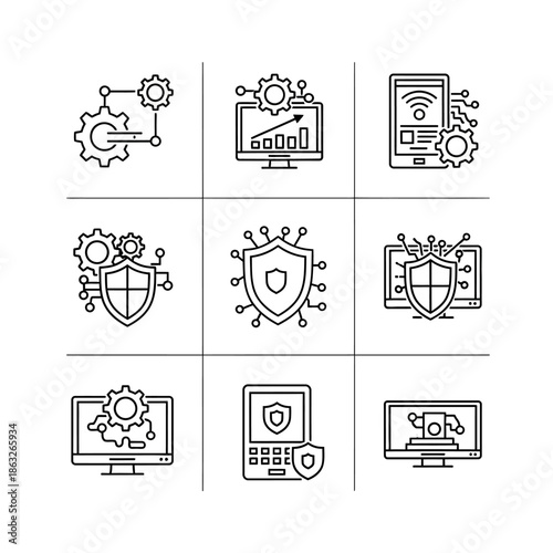 Technology icons on screens and shields.