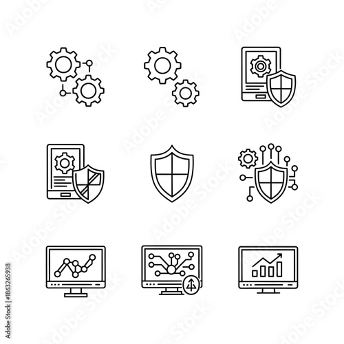 Technology icons on computer screens.