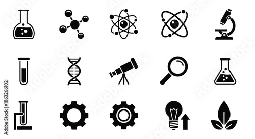 Scientific icons depicting chemistry biology and technology elements in black