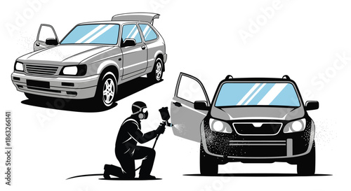A stylized illustration of a car being spray painted by a worker