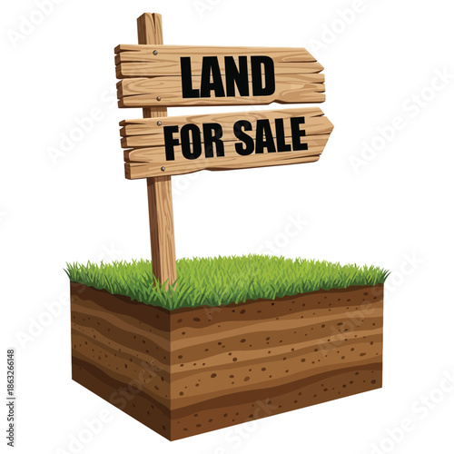 A wooden sign displaying land for sale planted in a small patch of green grass and soil