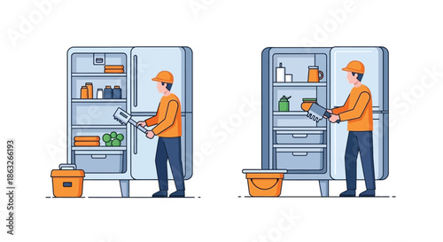 A worker inspecting and repairing a refrigerator with an open door