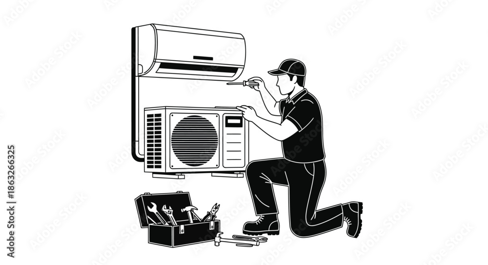 Foto An air conditioning technician repairs a split system unit on a wall