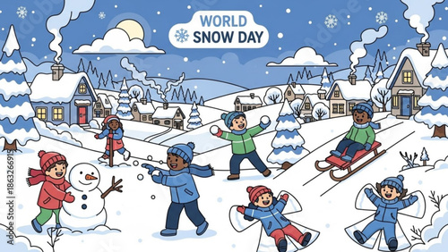 Children playing in the snow on world snow day, winter scene with snow covered houses and trees, happy kids