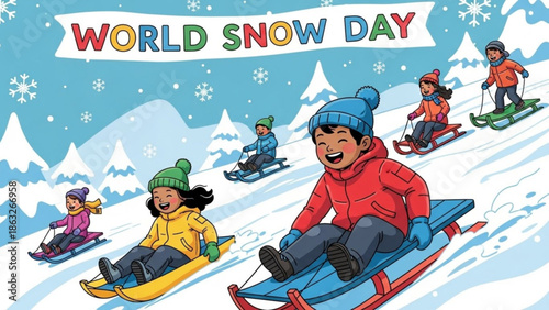 Children sledding down snowy hill on colorful sleds winter fun with children playing