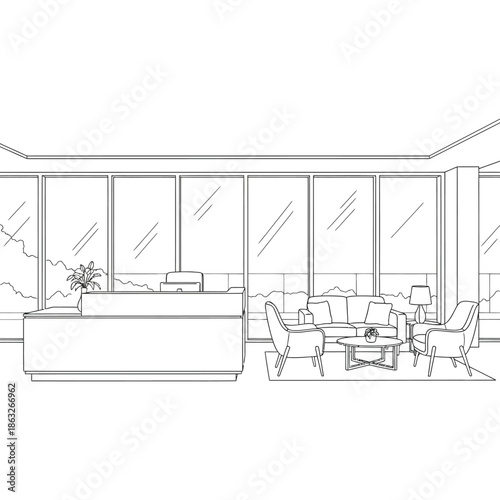 A simple line drawing depicts a modern office reception area with seating and large windows