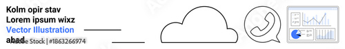 Cloud, phone receiver in a speech bubble, and data chart highlight connectivity, communication, and analytics. Ideal for technology, telecommunications, data analysis, cloud solutions customer