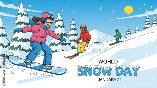 World snow day january 21, people skiing and snowboarding on a sunny winter day with snow covered trees