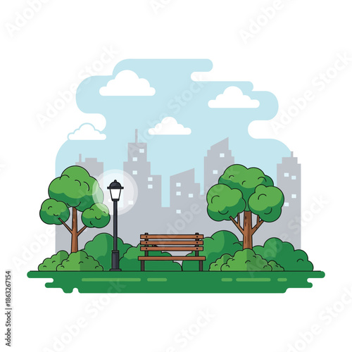 A peaceful park scene featuring a bench trees a lamppost and a cityscape in the background