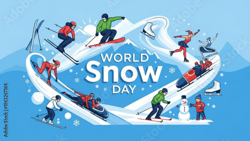World snow day celebration with people skiing, snowboarding, and having fun in the snow with snowman