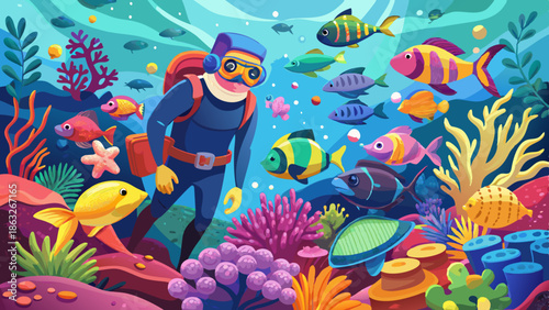 A scuba diver exploring a colorful underwater coral reef, with various marine life such as fish and sea creatures visible in the background.
