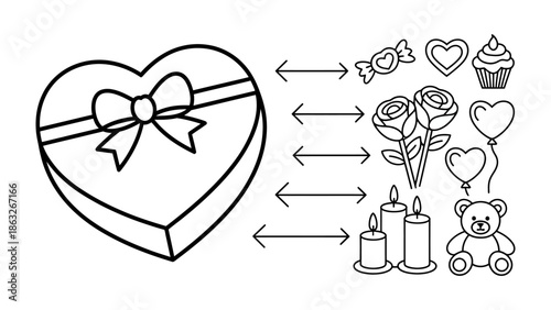 Love's Express: A heart-shaped gift box brimming with romance, with a collection of classic symbols expressing affection and sentiments.