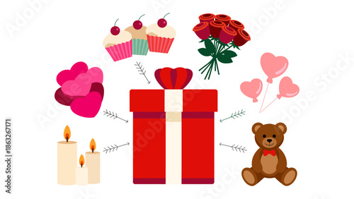 Valentine's Day Gifts: An assortment of classic Valentine's Day gifts, from cupcakes and roses to balloons and a teddy bear, arranged around a beautifully wrapped present.
