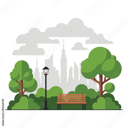 a picturesque park scene with lush green trees a bench and a cityscape in the background
