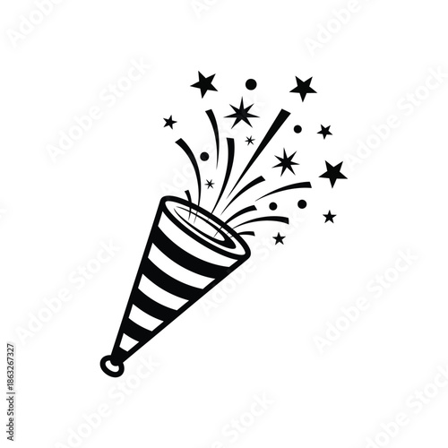 A simple black and white illustration depicting a party popper exploding with celebratory stars and confetti