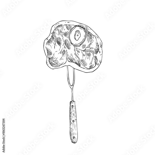 Vector Beef steak on meat fork. Graphic ink kitchen tool illustration for barbecue, isolated on background. Hand drawn line sketch. For designers, prints, logo, icon, menu, postcards, holiday, covers