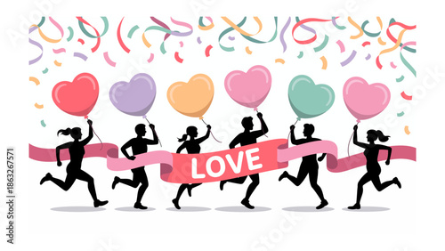 Love is in the Air: Silhouette figures sprint forward, each holding a heart-shaped balloon, beneath a shower of confetti and a banner that proudly spells out Love.
