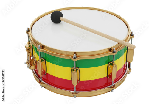 hyperrealistic macro close-up of a snare drum tilted diagonally, featuring pan-african green, yellow, and red enamel stripes and reflective brass hardware on a white background. concept of reggae