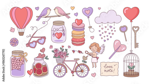 Sweet Symbols of Affection: A charming collection of Valentine's Day elements arranged to evoke a sense of warmth, intimacy, and celebration of love, ideal for conveying heartfelt sentiments.