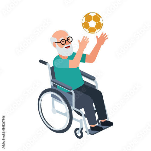 Elderly Man in Wheelchair Playing Soccer.