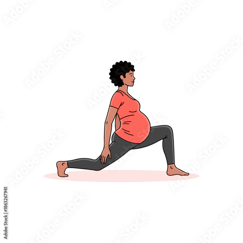 Pregnant woman doing yoga lunge exercise.