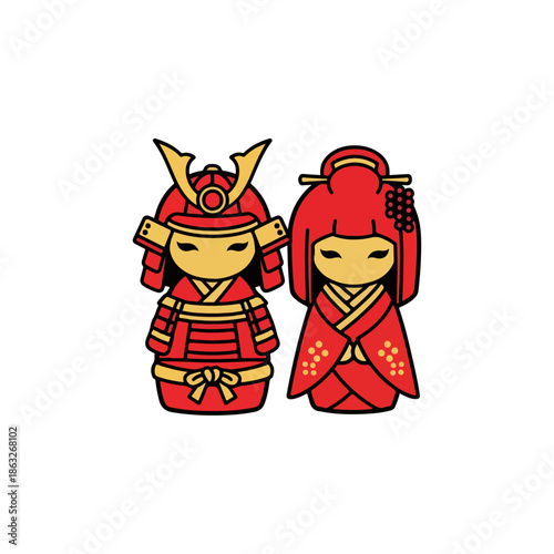 Cute Japanese Samurai and Geisha Dolls Illustration.