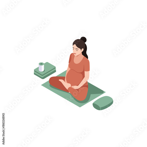 Pregnant Woman Meditating on Yoga Mat.