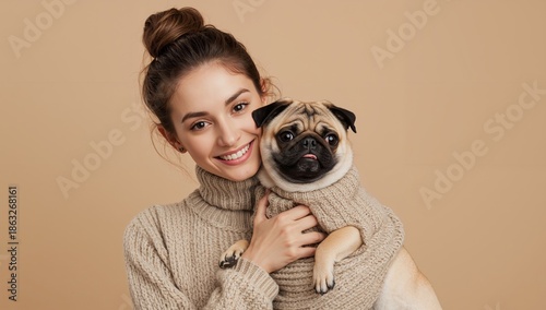 Woman Holds a Pug While Wearing a Sweater in a Studio Setting With a Neutral ...
