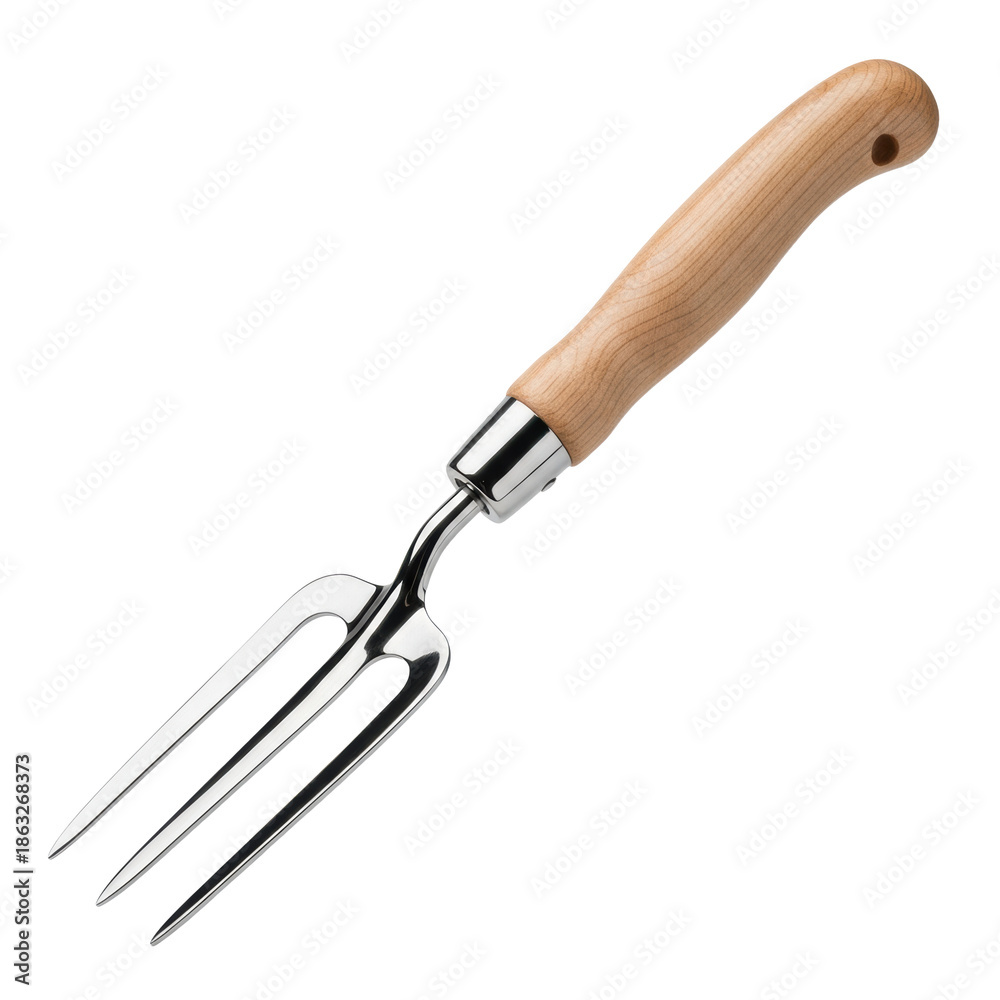 Obraz premium ultra-detailed macro shot of a premium gardening hand fork with gleaming silver stainless steel tines and a smooth light maple wood handle, isolated on a clean white background with copy space,