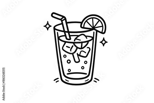 Stylized cocktail with lemon and straw, outlined against a gradient background