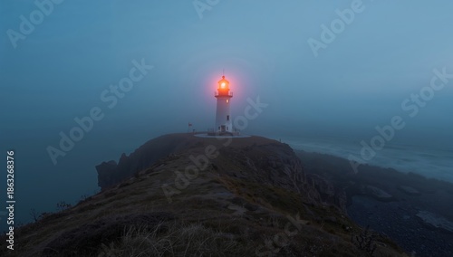 Lighthouse Guides Ships in Foggy Weather on a Rocky Coastline