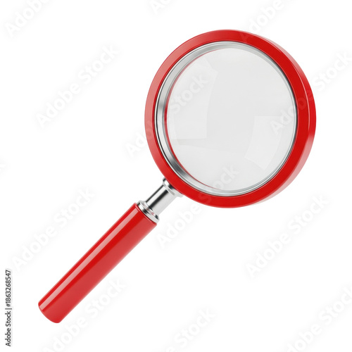 Bright cherry red and polished silver magnifying glass with a flawless glass lens showing refraction, isolated on a clean white background, isometric 3d render. Concept of search and discovery