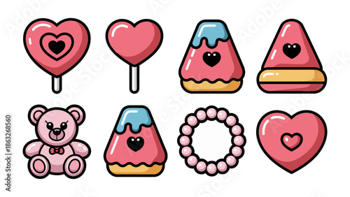 Sweet Treats and Symbols of Affection: A delightful assortment of charming illustrations showcasing an array of confectionery items alongside a teddy bear and jewelry.