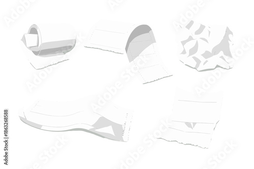 Collection of white paper items on a gray background