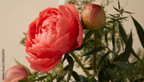 Flowers in a Vase With Peonies and Green Leaves During Bright Daylight