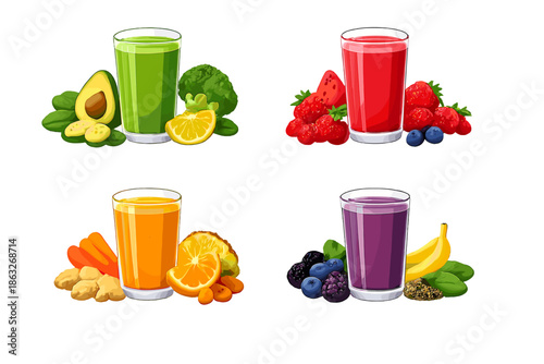 Four healthy smoothie drinks with fresh ingredients