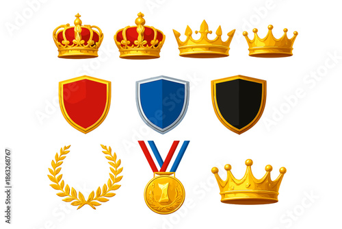 Collection of Gold and Red Royal Crowns, Shields, and Medals