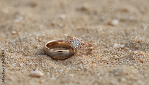 Wedding Rings on Sand at Beach During Sunset Near Waves