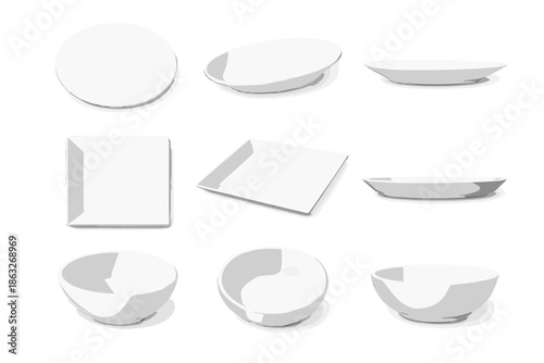 Collection of white porcelain tableware on a gradient background
