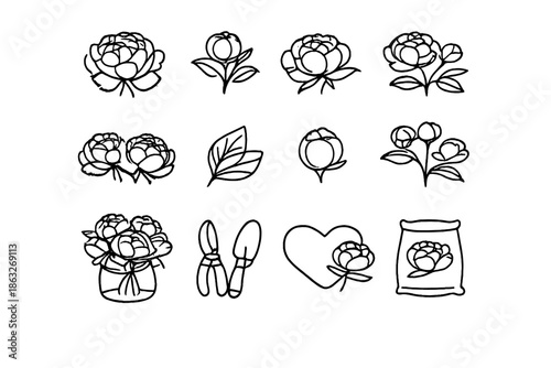 Peony flower icons in black line art on a gradient background