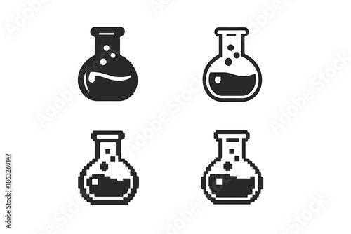 Four potion flasks on a dark background