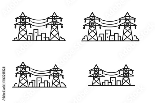 Set of four power line icons in a city landscape