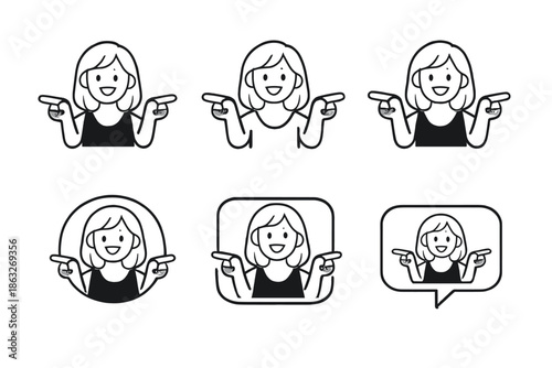 Set of Six Cartoon Woman Icons Pointing Sideways