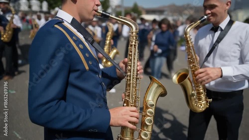 Marching band musician - brass musician marching in parade during performance