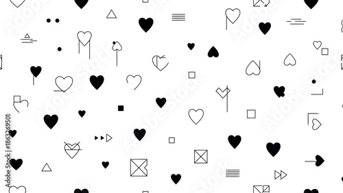 Minimalist abstract seamless pattern featuring various black and white heart shapes and geometric line art elements for modern design