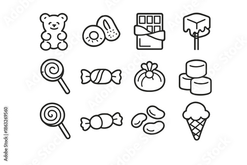 Collection of Candy and Sweet Icons on Gray Background