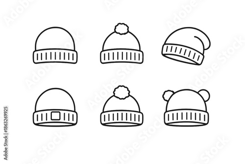 Six Icon Style Winter Hats on Grey Background