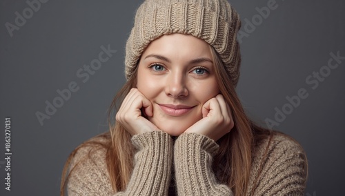 Smiling Woman in Knitted Hat Resting Hands on Face Indoors During Winter Season