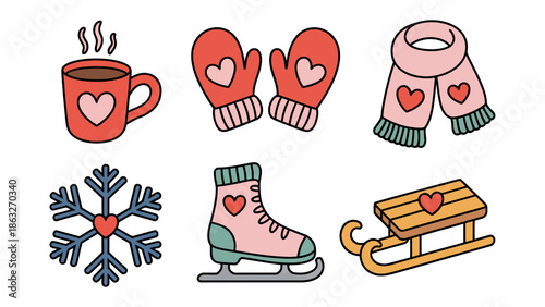 Winter Warmth Collection: A heartwarming collection of winter essentials, including a steaming cup of cocoa, cozy mittens, a soft scarf, a delicate snowflake, a graceful ice skate, and a playful sled.